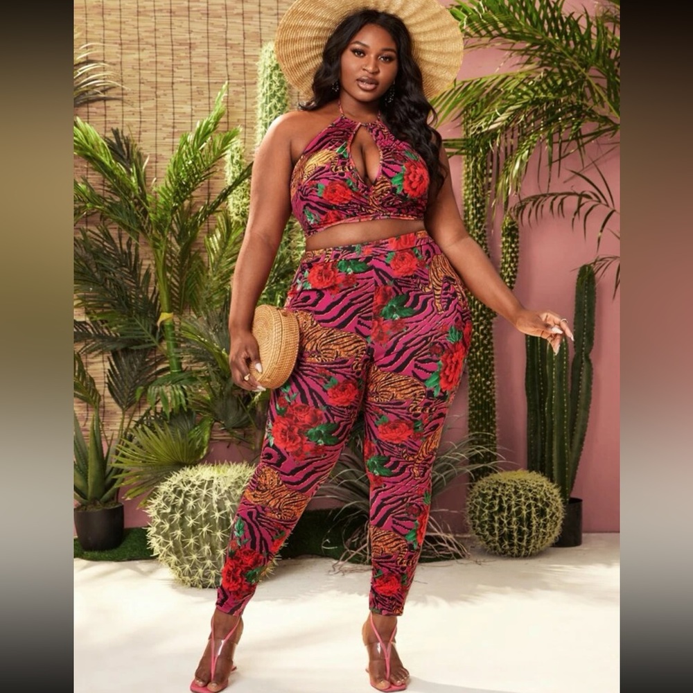 SHEIN Tiger and Floral Print Two Piece Set - Size 1X
